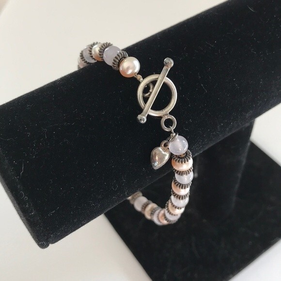 Vintage Handmade Mauve Pearls Rose Quartz Sterling Silver Charm Toggle Bracelet - Picture 3 of 9